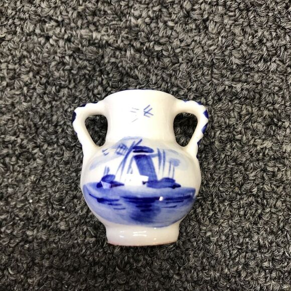No Brand Other - Miniature Vase Holland Hand Painted Blue White Double Handle Holland